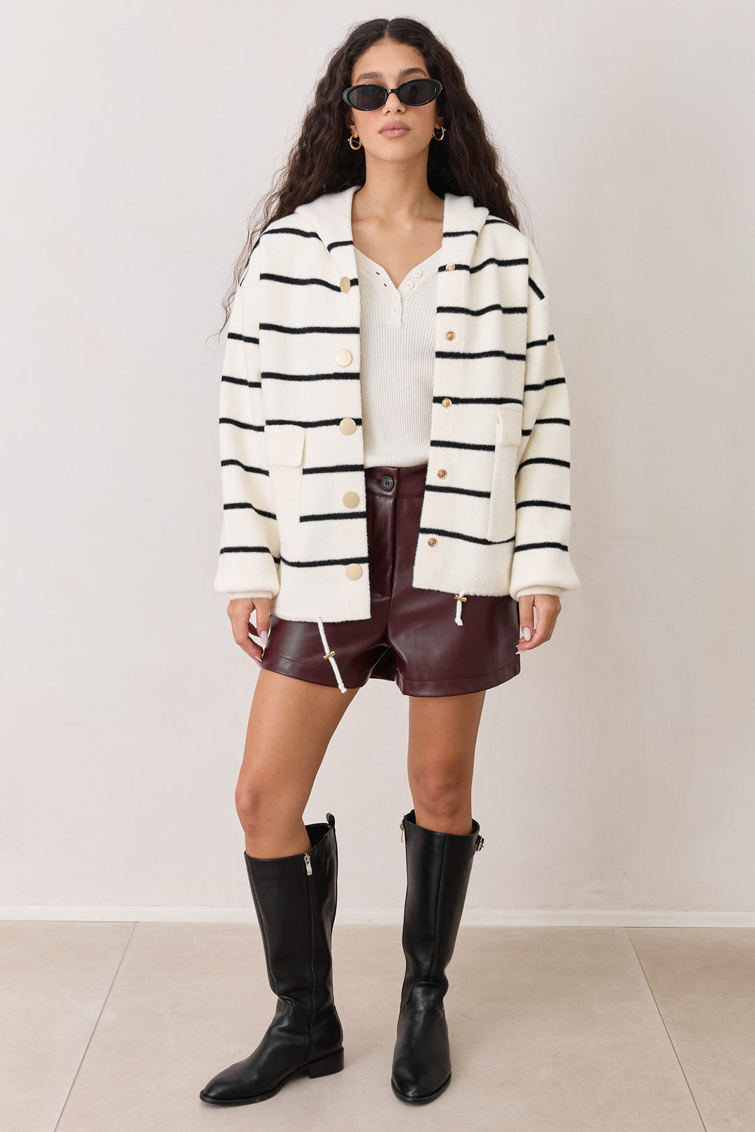 מעיל צמר בילי סטרייפס בשילוב קפוצ'ון | שמנת/שחור