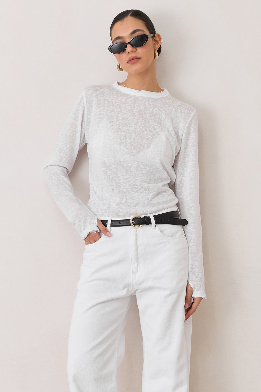 טי שירט דמוי פשתן מיילו שרוול כפפה | לבן
