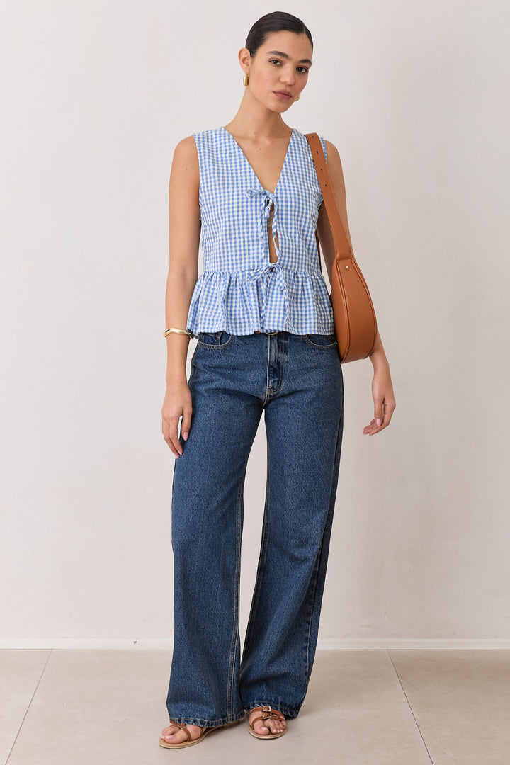 חולצת מרגו פפלום הדפס משבצות | כחול/לבן