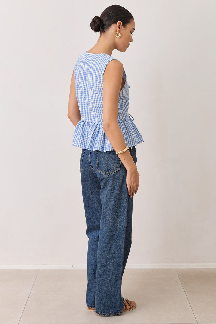 חולצת מרגו פפלום הדפס משבצות | כחול/לבן