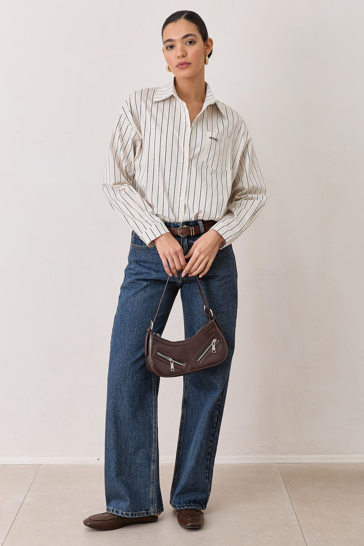 מכופתרת בל סטרייפס רקמת לוגו | שמנת/שחור