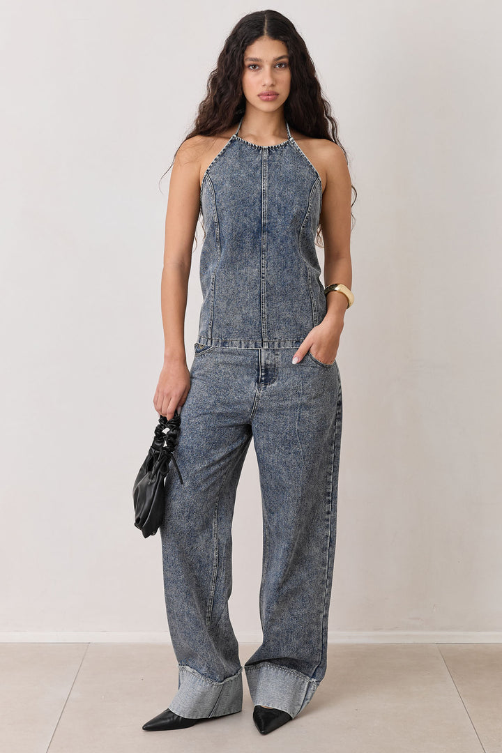 חולצת דנים מונה צווארון קולר | ג'ינס כהה