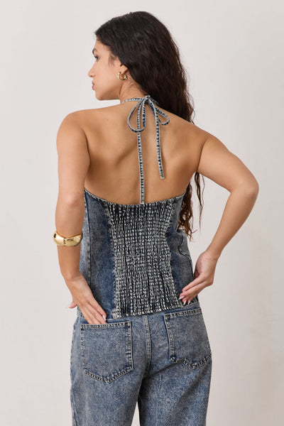 חולצת דנים מונה צווארון קולר | ג'ינס כהה