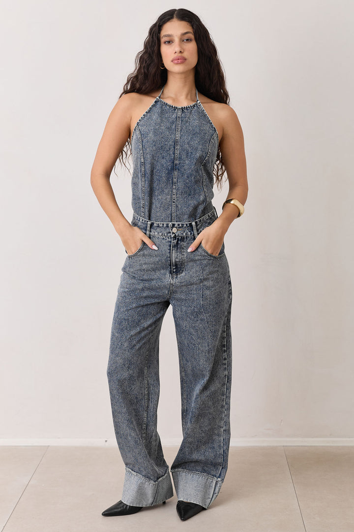 מכנסי דנים מונה סיומת קיפול | ג'ינס כהה