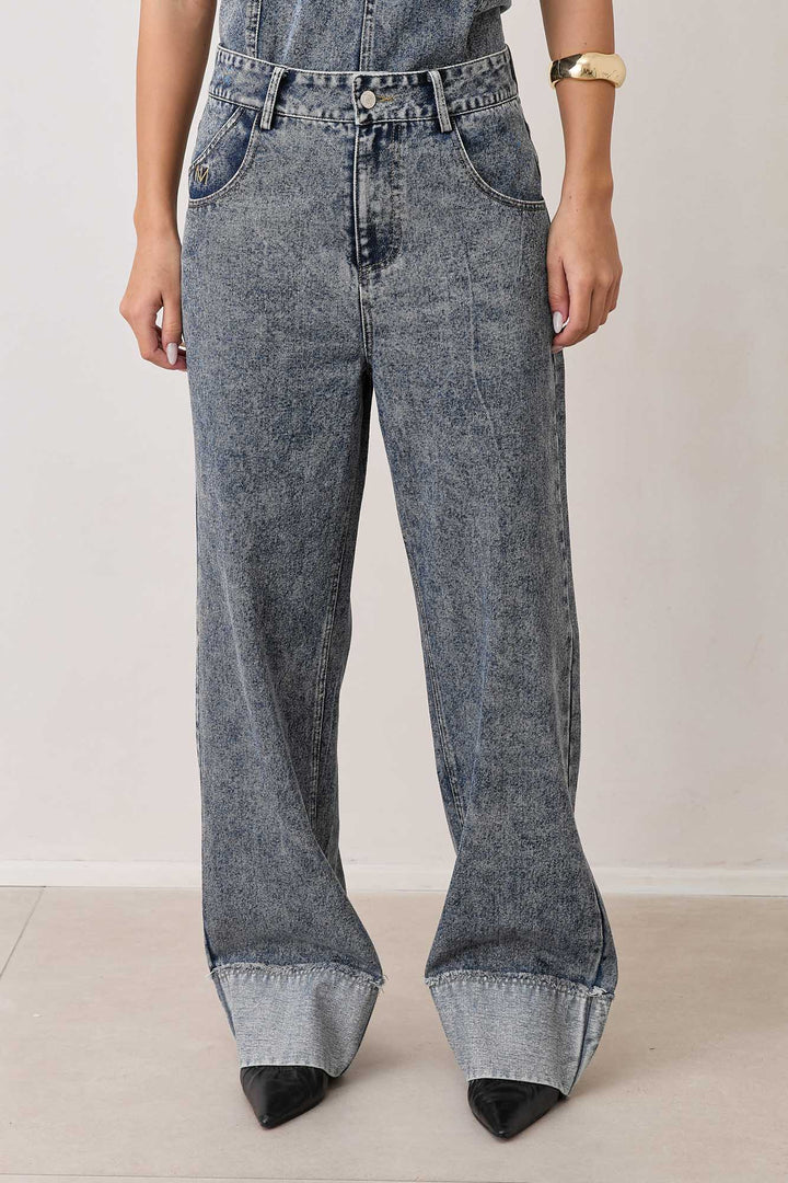 מכנסי דנים מונה סיומת קיפול | ג'ינס כהה