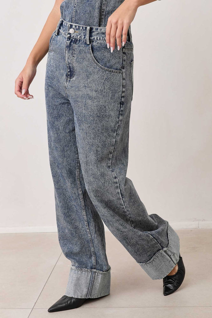 מכנסי דנים מונה סיומת קיפול | ג'ינס כהה