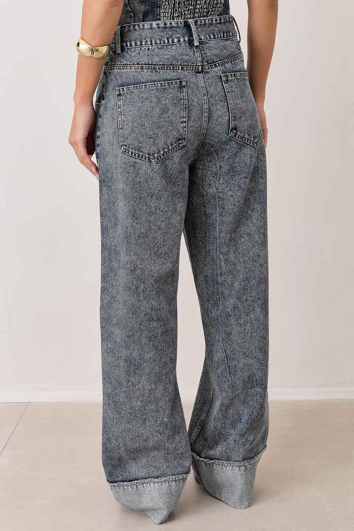 מכנסי דנים מונה סיומת קיפול | ג'ינס כהה