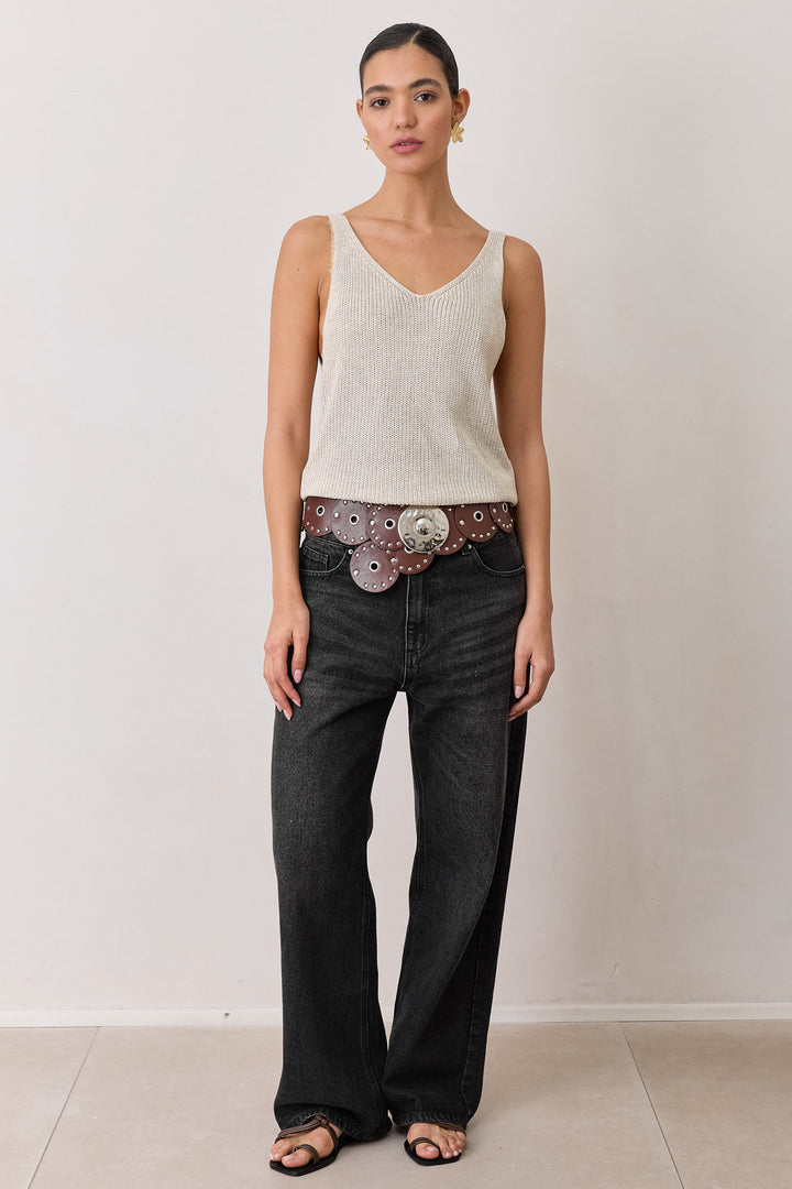 גופיית וי סברינה בד סריג דק | בז'