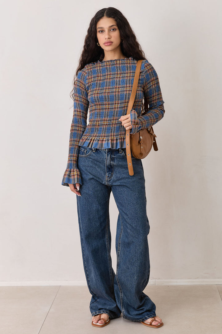 חולצת כיווצים אליוט הדפס משבצות | כחול