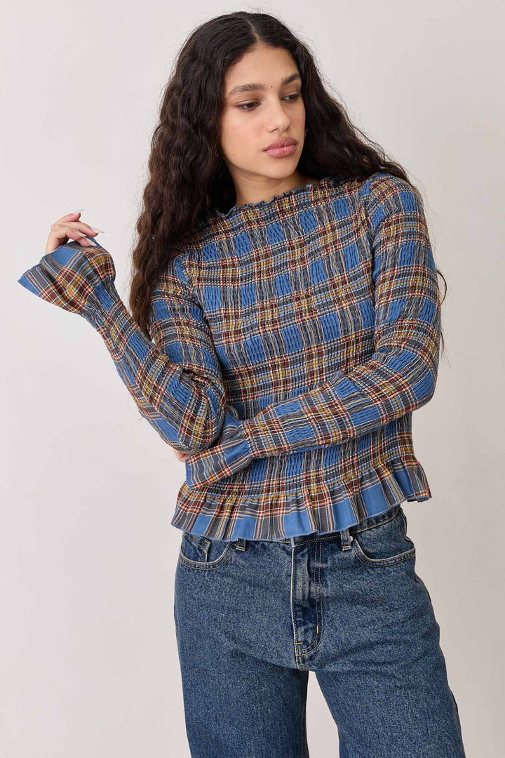 חולצת כיווצים אליוט הדפס משבצות | כחול