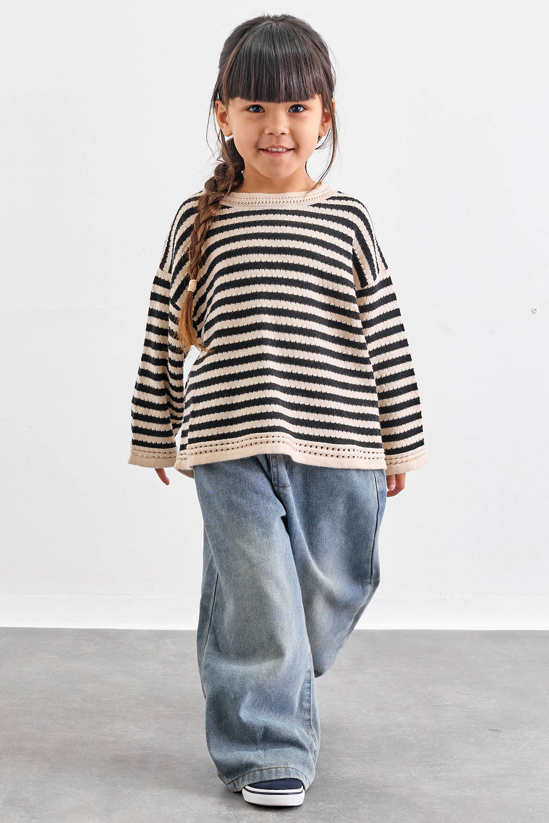 חולצת סריג דק בשילוב הדפס פסים | בז'/שחור