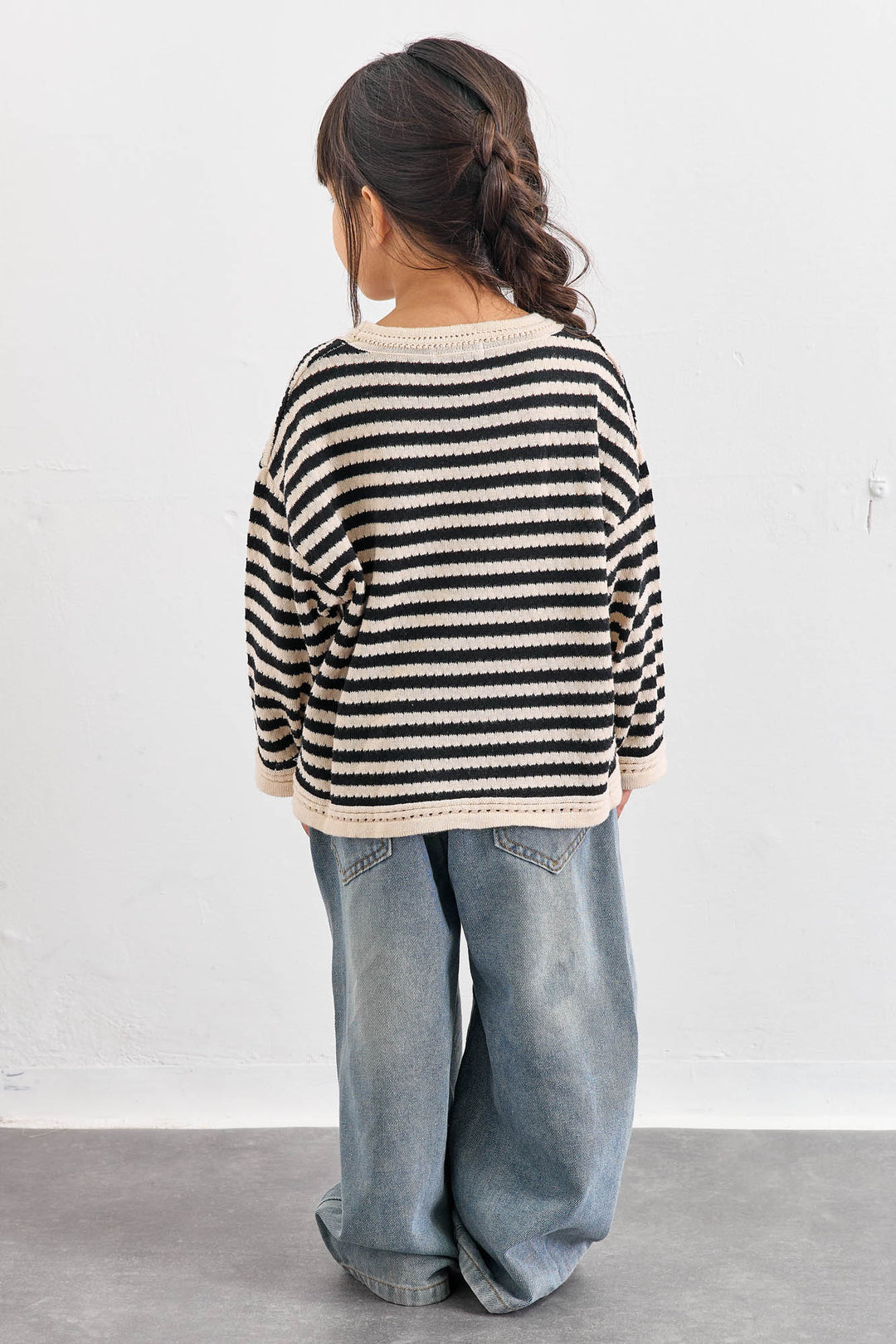 חולצת סריג דק בשילוב הדפס פסים | בז'/שחור