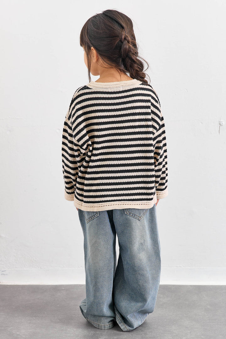 חולצת סריג דק בשילוב הדפס פסים | בז'/שחור