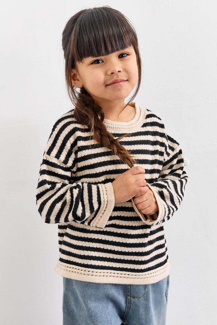 חולצת סריג דק בשילוב הדפס פסים | בז'/שחור