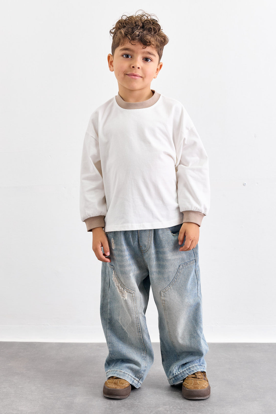 מכנסי דנים בד משופשף עם גומי במותן | ג'ינס בהיר