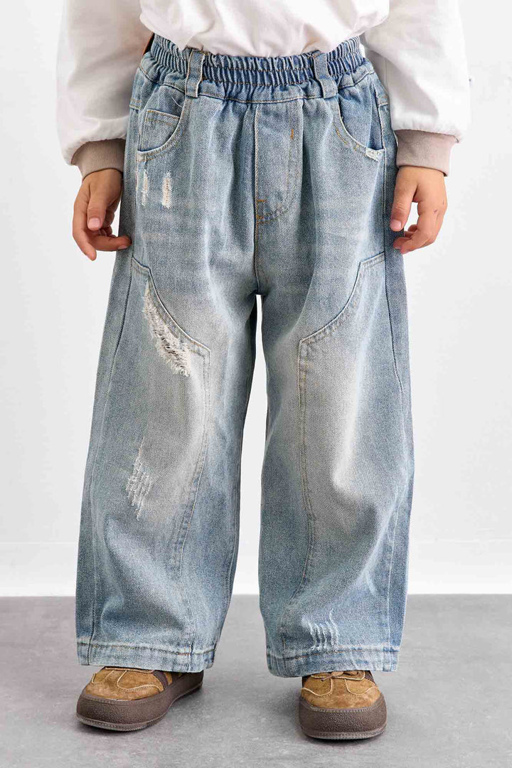 מכנסי דנים בד משופשף עם גומי במותן | ג'ינס בהיר