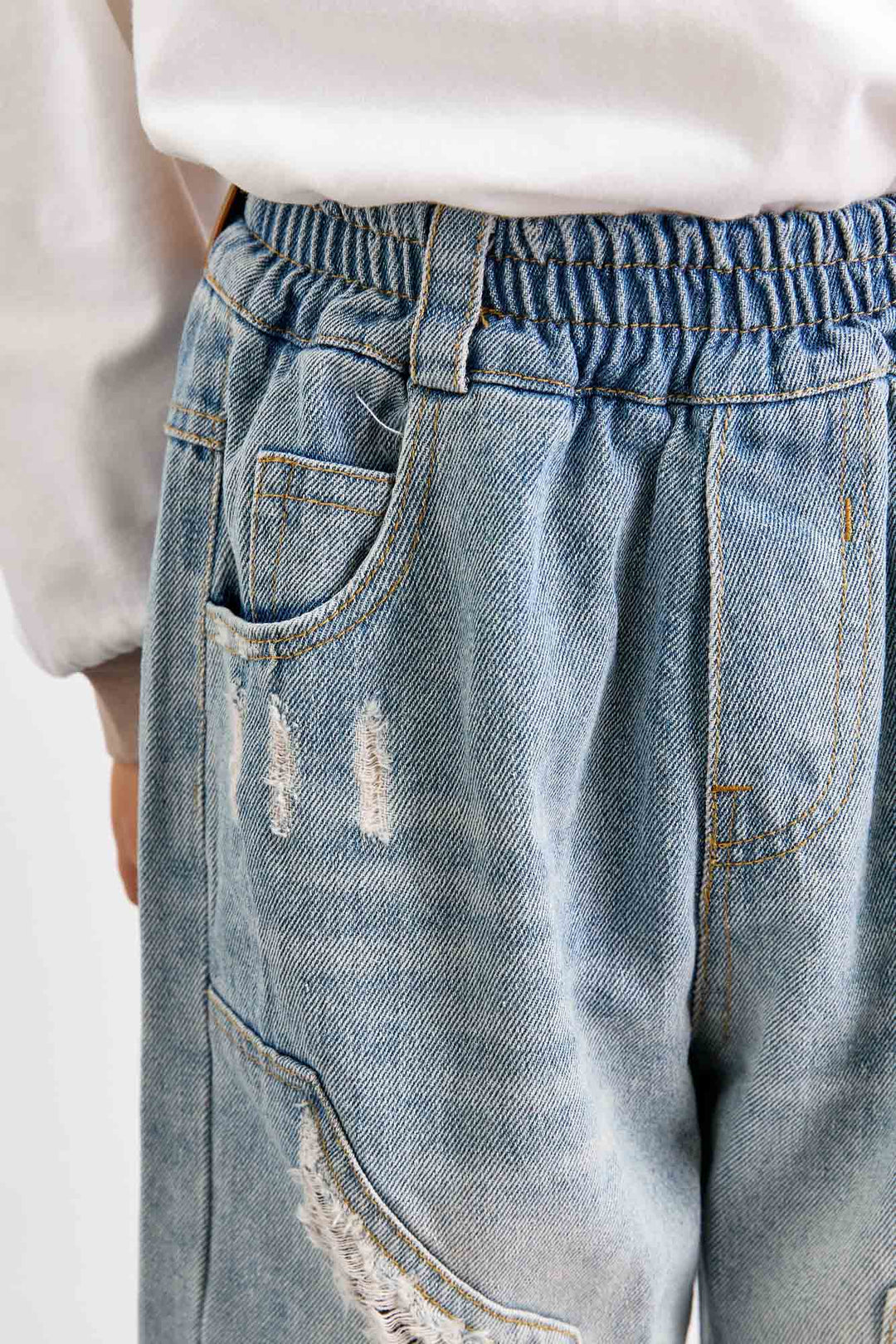 מכנסי דנים בד משופשף עם גומי במותן | ג'ינס בהיר