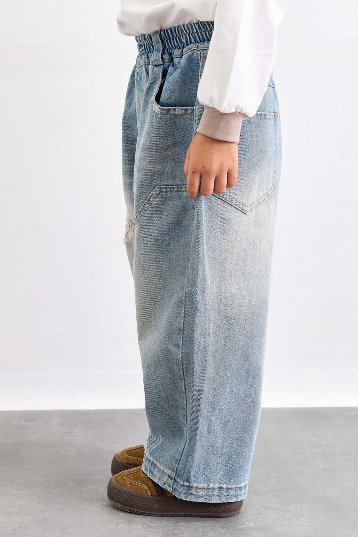 מכנסי דנים בד משופשף עם גומי במותן | ג'ינס בהיר