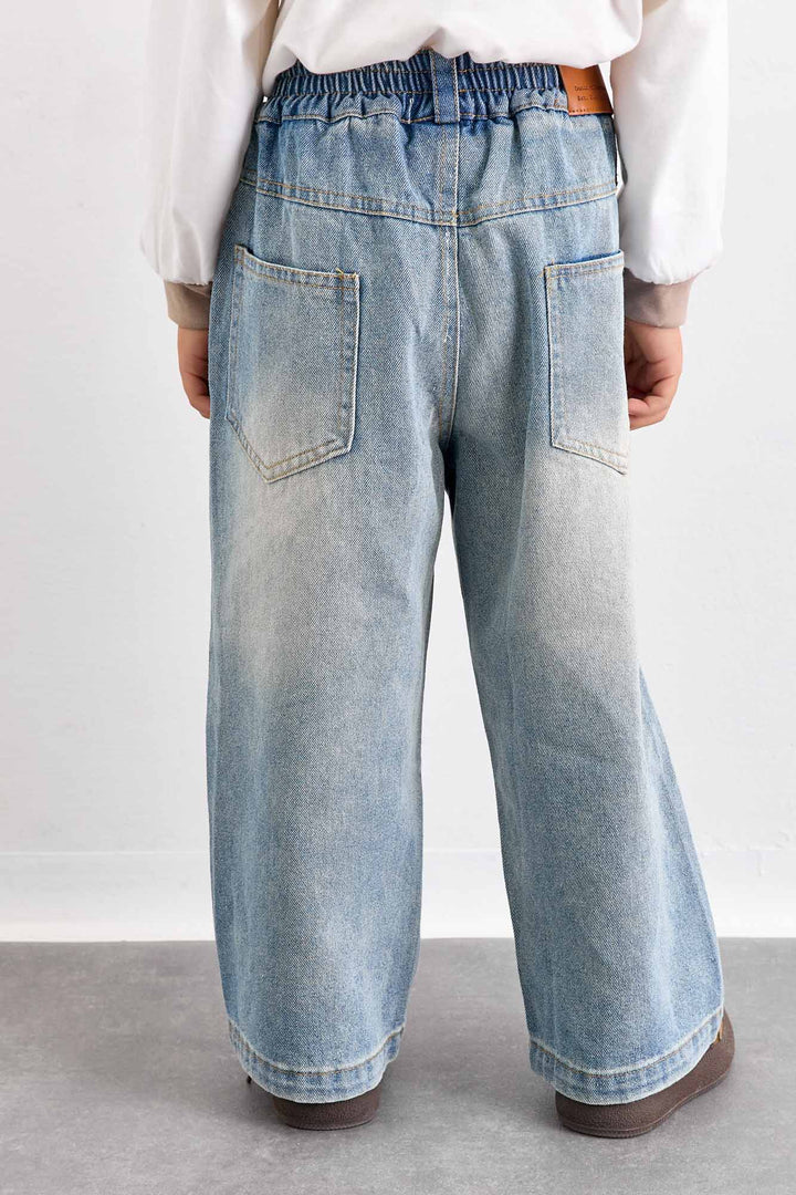 מכנסי דנים בד משופשף עם גומי במותן | ג'ינס בהיר