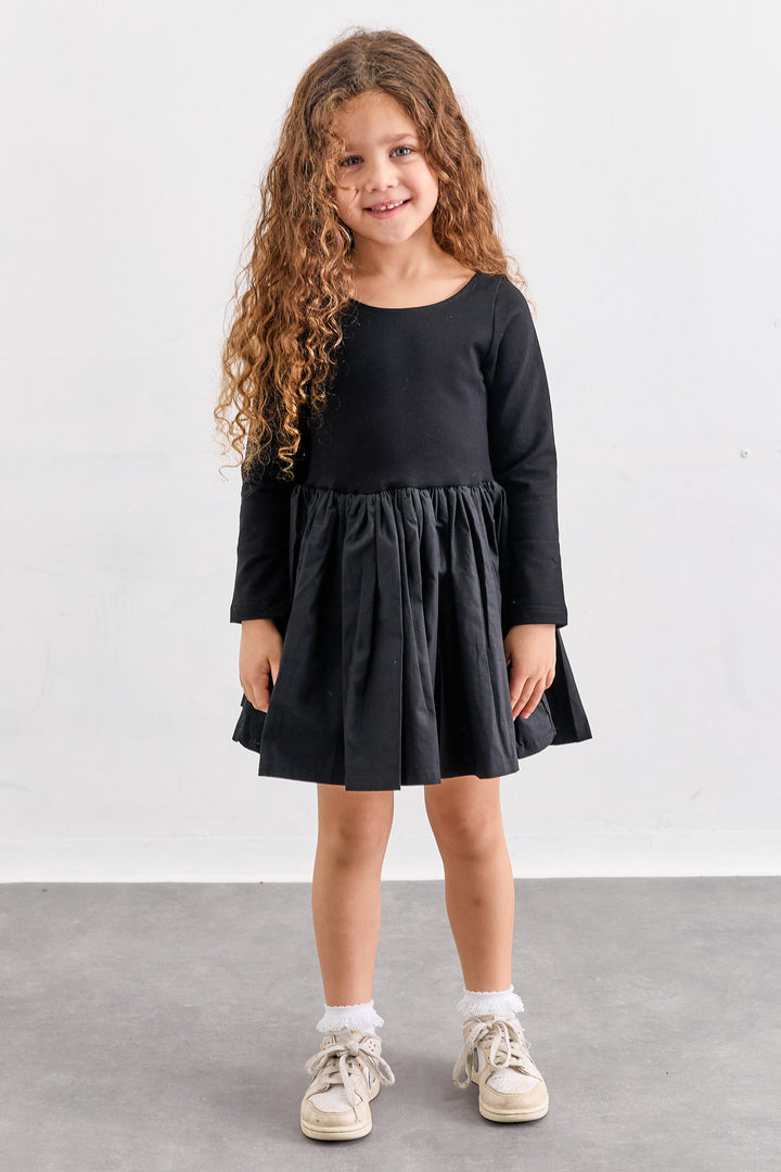 שמלת כותנה שרוול ארוך בשילוב איקס בגב | שחור