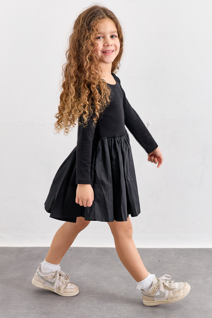 שמלת כותנה שרוול ארוך בשילוב איקס בגב | שחור