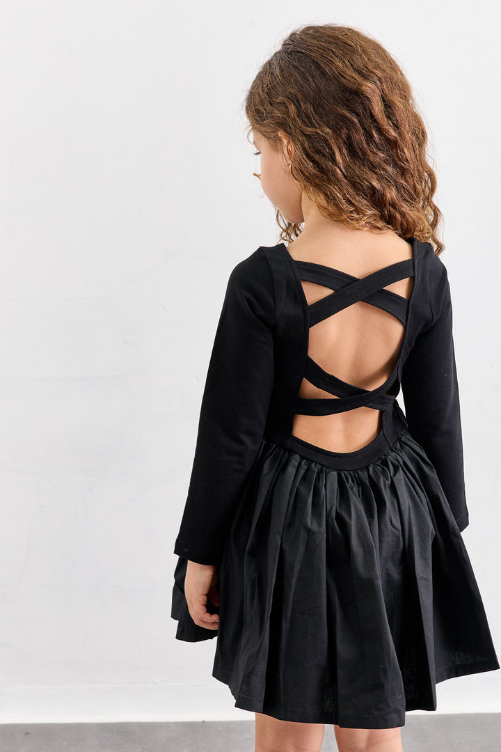 שמלת כותנה שרוול ארוך בשילוב איקס בגב | שחור