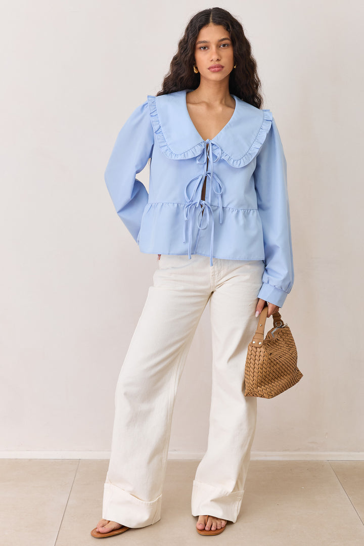 חולצת קשירות מיורקה צוארון וולנים | כחול בהיר