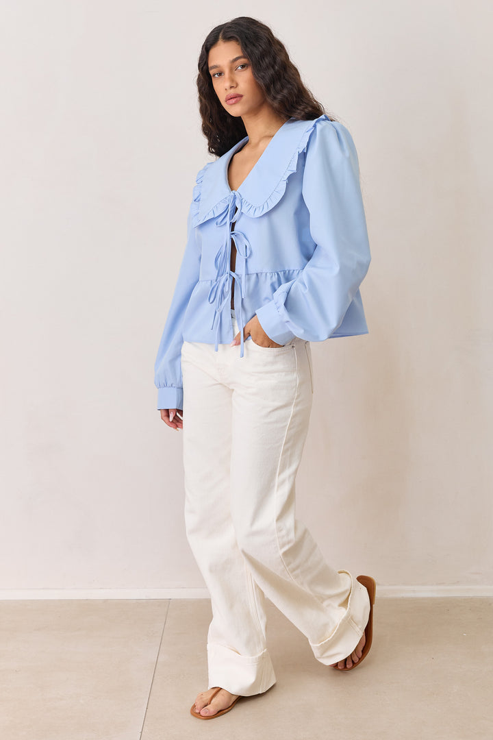 חולצת קשירות מיורקה צוארון וולנים | כחול בהיר