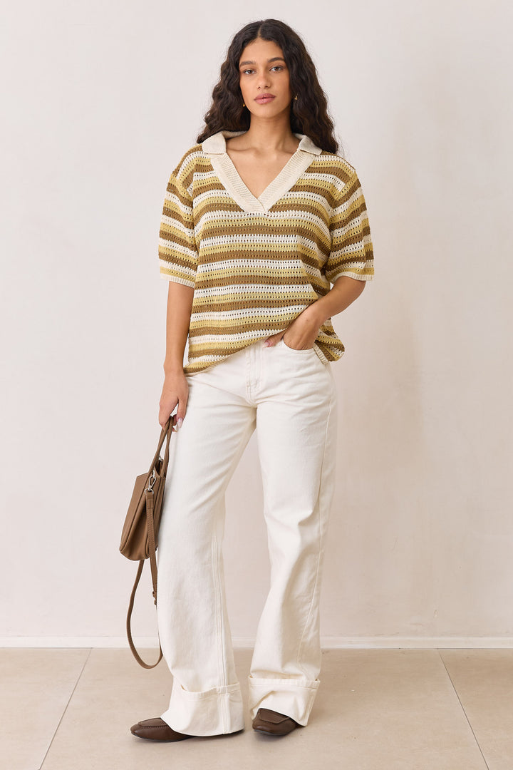 חולצת קרושה אייריס בשילוב צווארון | בז'/צהוב