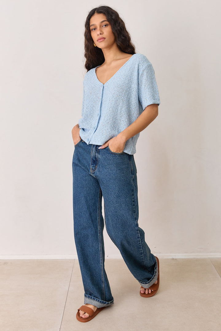 חולצת כפתורים ג'ולייט סריג דק | כחול בהיר