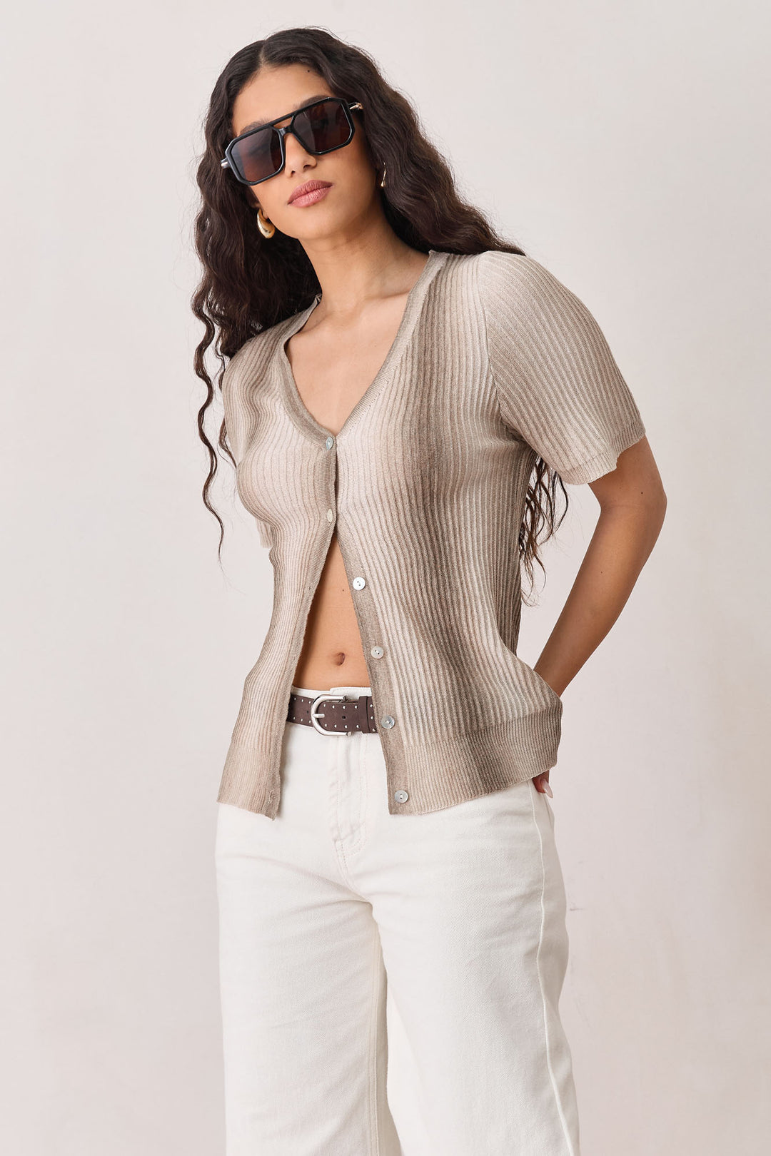 חולצת מונטה קרלו בשילוב כפתורים | בז'/חום