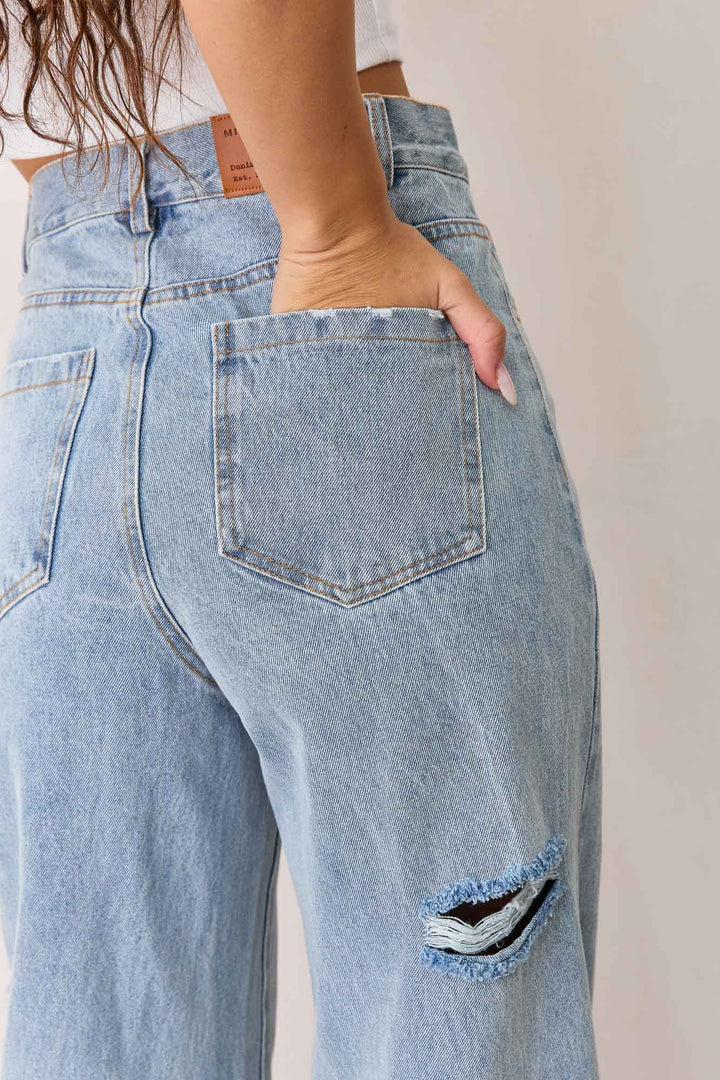 ג'ינס פרנקי גזרה ישרה בשילוב קרעים | ג'ינס בהיר