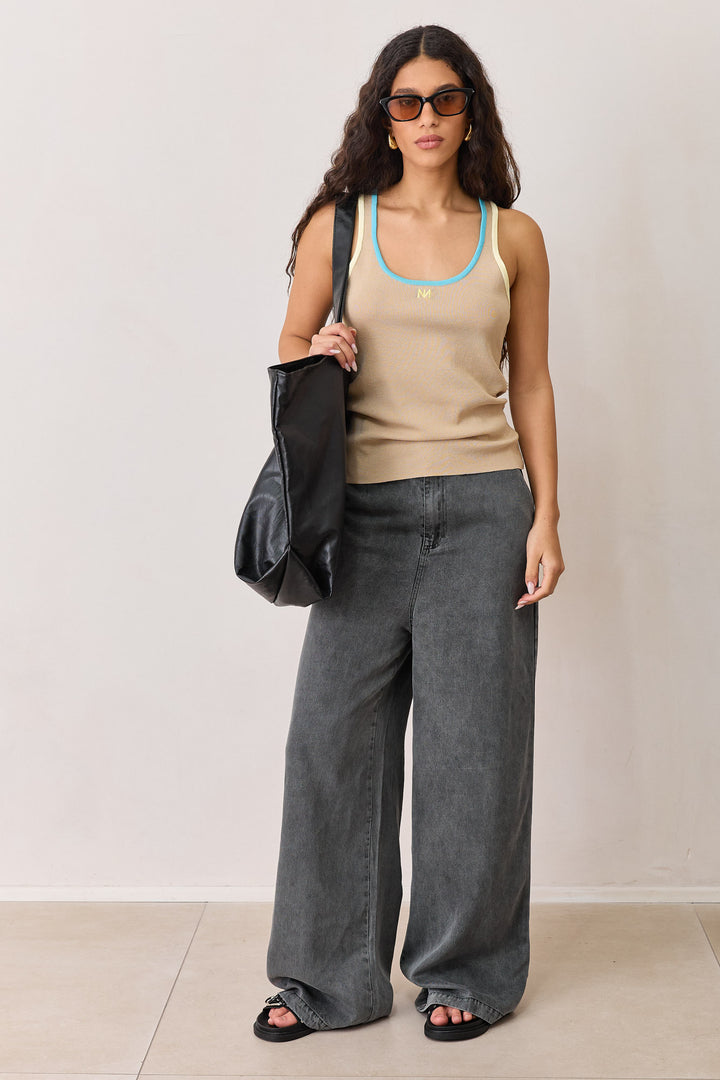 גופיית סריג דק סוואנה צבע משולב | בז'