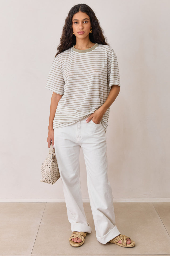 טי שירט בובי סטרייפס בד שקפקף | ירוק זית/לבן