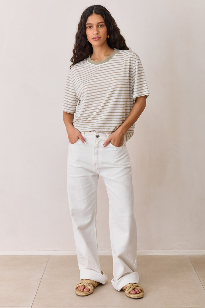 טי שירט בובי סטרייפס בד שקפקף | ירוק זית/לבן