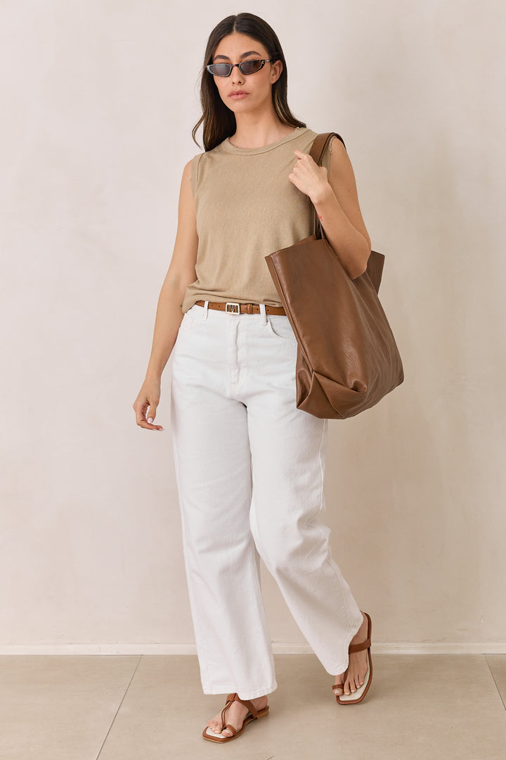 חולצת טיטו סריג פשתן ללא שרוול | מוקה