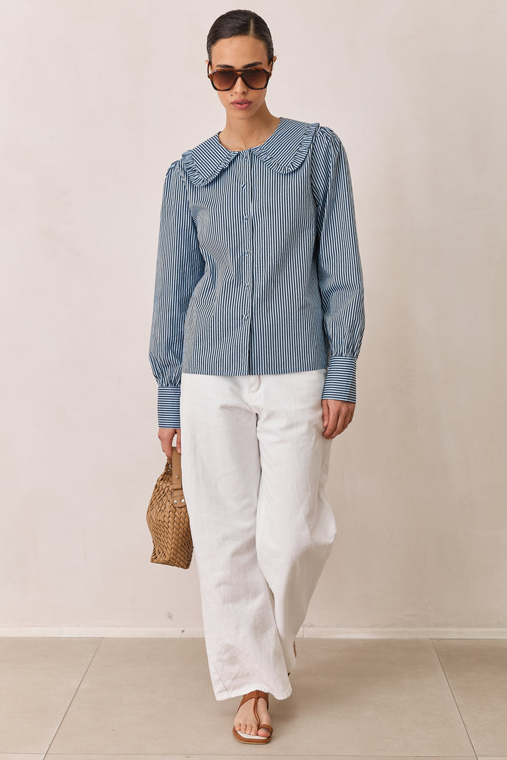 חולצת תמרה סטרייפס צווארון מלמלה | כחול