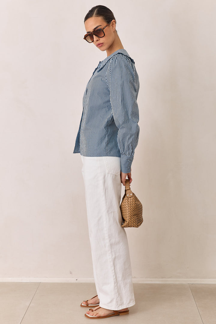 חולצת תמרה סטרייפס צווארון מלמלה | כחול