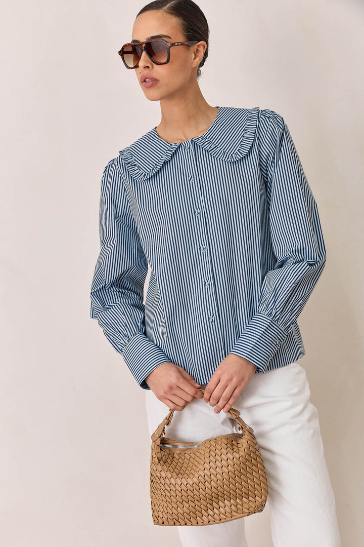 חולצת תמרה סטרייפס צווארון מלמלה | כחול