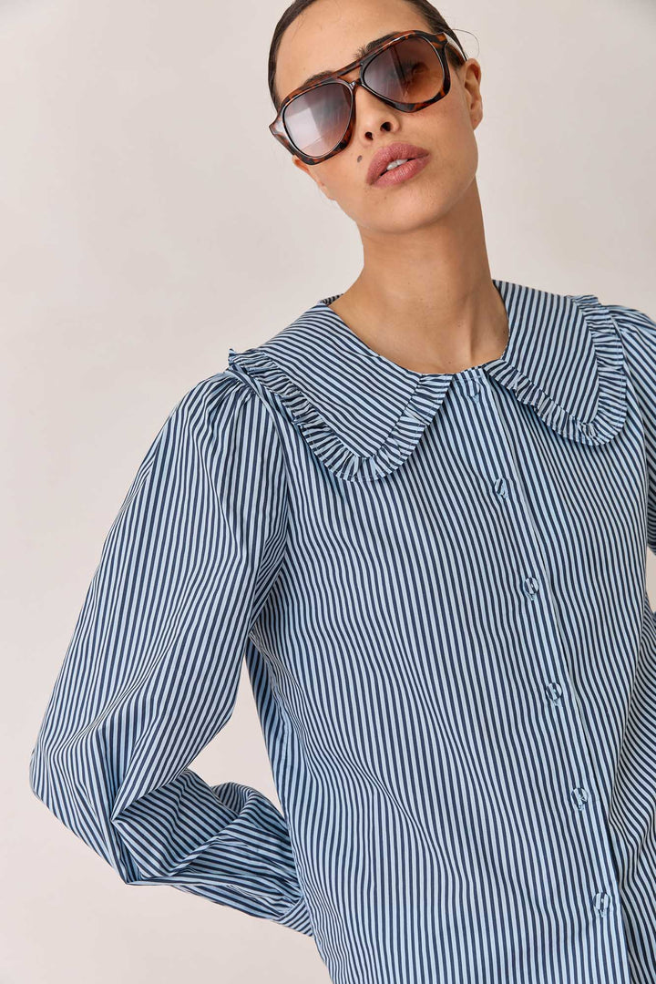 חולצת תמרה סטרייפס צווארון מלמלה | כחול