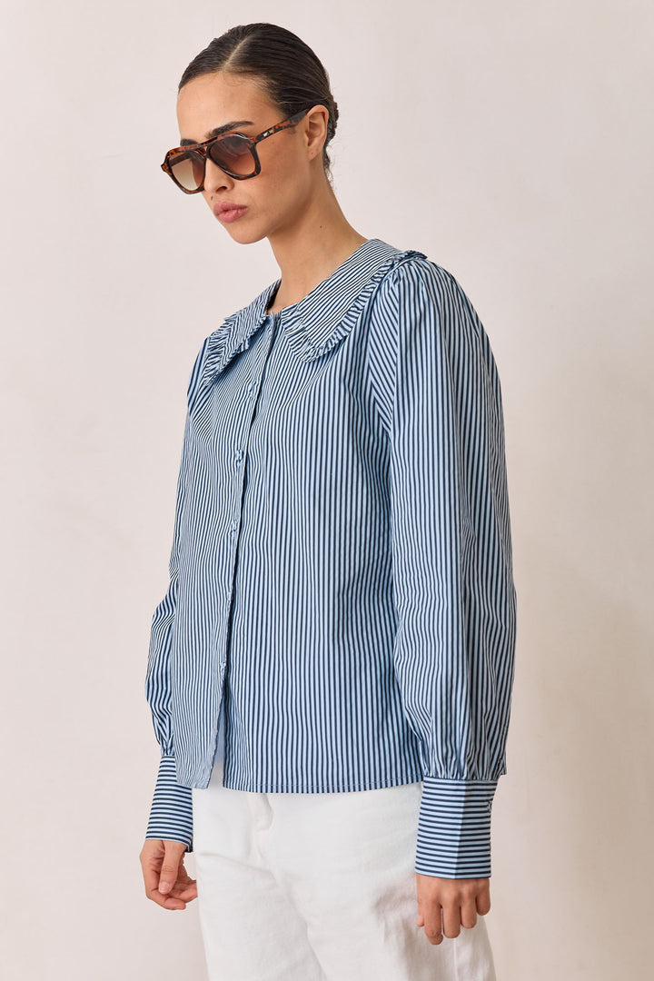 חולצת תמרה סטרייפס צווארון מלמלה | כחול