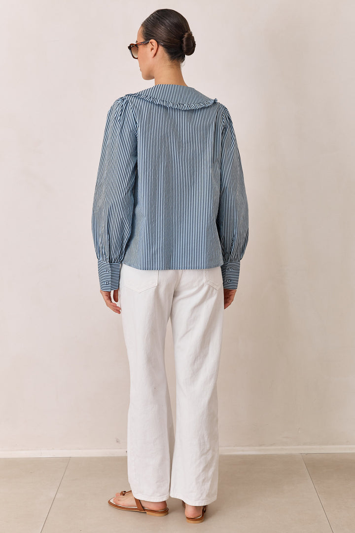 חולצת תמרה סטרייפס צווארון מלמלה | כחול