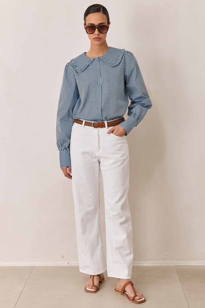 חולצת תמרה סטרייפס צווארון מלמלה | כחול