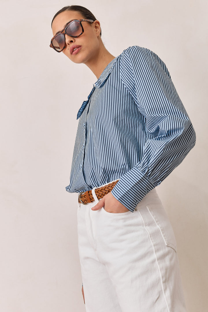 חולצת תמרה סטרייפס צווארון מלמלה | כחול