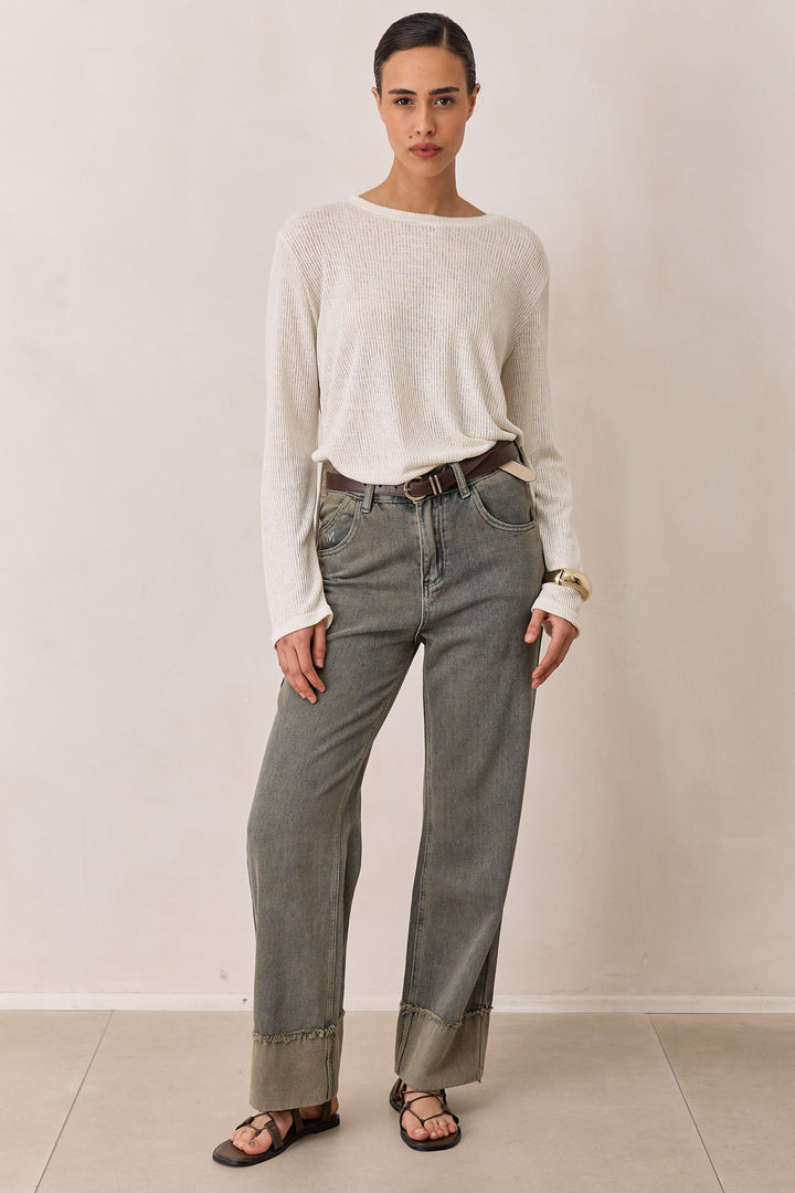 חולצת אמבר שקפקפה בשילוב שסע צידי | שמנת