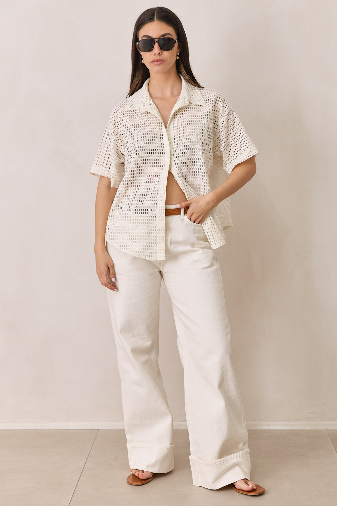 מכופתרת רשת בריטה שרוול קצר | שמנת