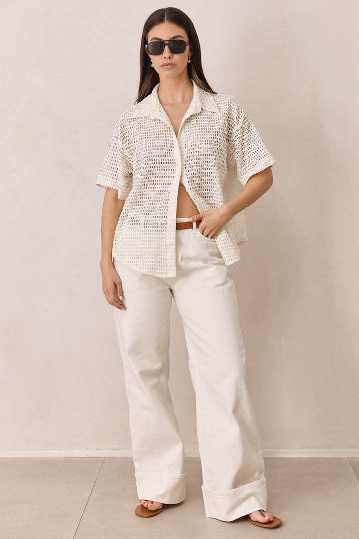 מכופתרת רשת בריטה שרוול קצר | שמנת