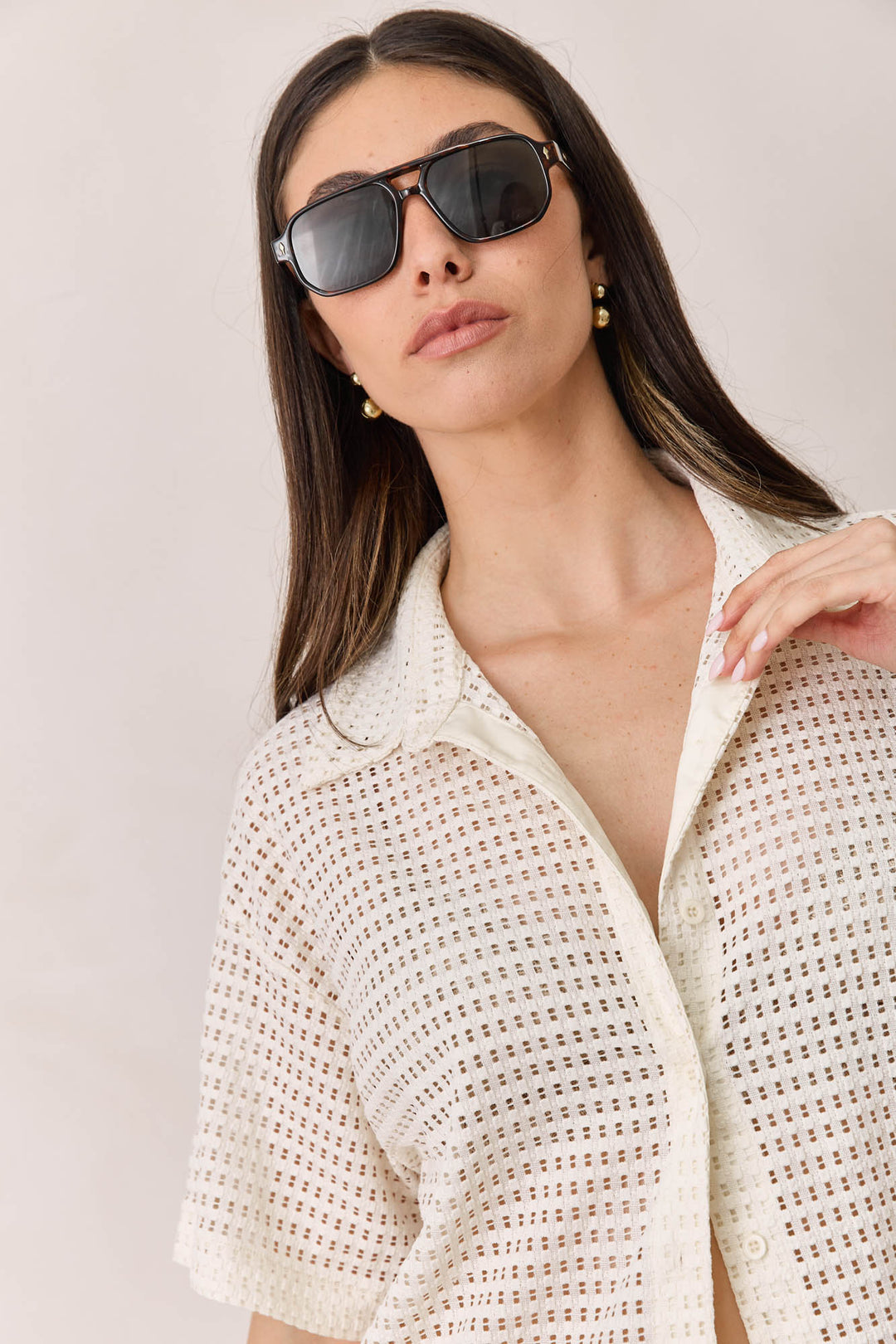 מכופתרת רשת בריטה שרוול קצר | שמנת