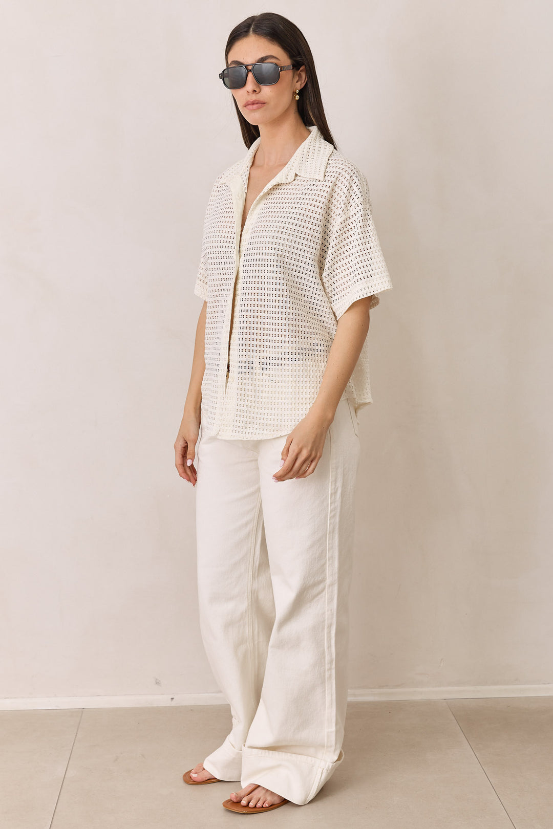 מכופתרת רשת בריטה שרוול קצר | שמנת