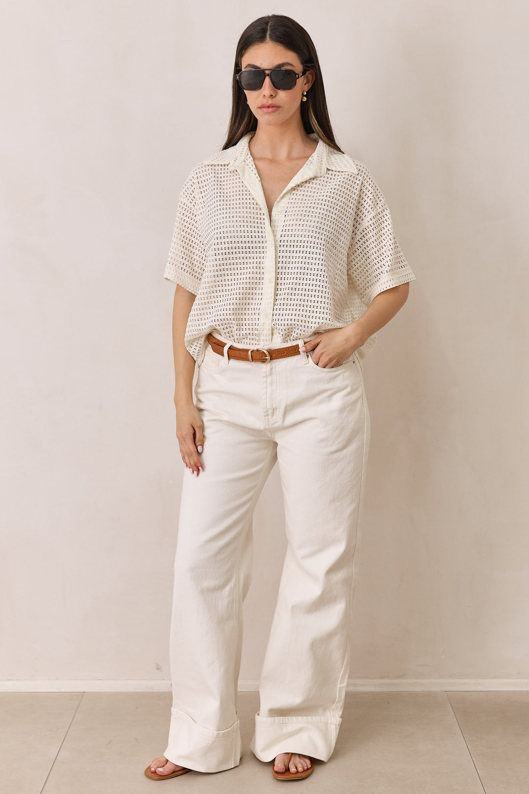 מכופתרת רשת בריטה שרוול קצר | שמנת